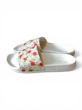 MICHAEL KORS Signature Vanilla Cream Floral Monogram Logo Slip On Slides
